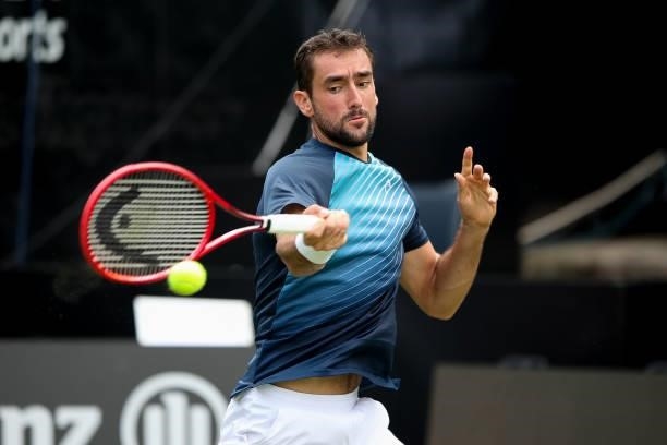 Marin Cilic of Croatia plays a forehand in his match against Rudolf Molleker of Germany during day 2 of the MercedesCup at Tennisclub Weissenhof on...