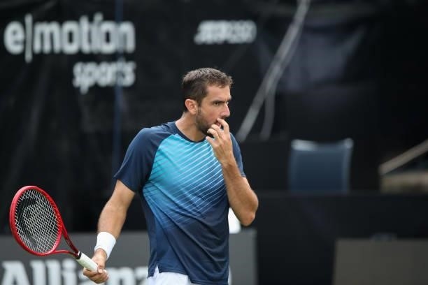 Marin Cilic of Croatia reacts during day 2 of the MercedesCup at Tennisclub Weissenhof on June 08, 2021 in Stuttgart, Germany.
