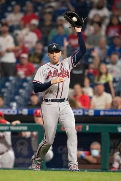 Freddie Freeman of the Atlanta Braves catches the ball against the Philadelphia Phillies at Citizens Bank Park on June 8, 2021 in Philadelphia,...