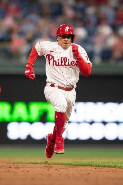 Ronald Torreyes of the Philadelphia Phillies runs to third base against the Atlanta Braves at Citizens Bank Park on June 8, 2021 in Philadelphia,...