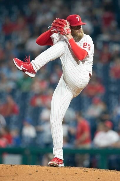 Archie Bradley of the Philadelphia Phillies throws a pitch against the Atlanta Braves at Citizens Bank Park on June 8, 2021 in Philadelphia,...
