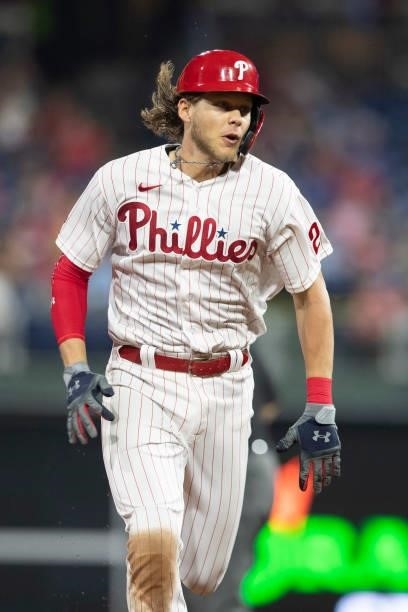 Alec Bohm of the Philadelphia Phillies runs to third base against the Atlanta Braves at Citizens Bank Park on June 8, 2021 in Philadelphia,...