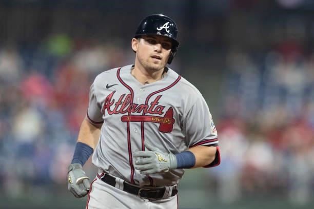 Austin Riley of the Atlanta Braves rounds the bases after hitting a solo home run in the top of the eighth inning against the Philadelphia Phillies...