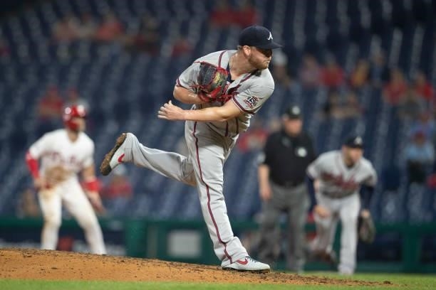 Will Smith of the Atlanta Braves throws a pitch against the Philadelphia Phillies at Citizens Bank Park on June 8, 2021 in Philadelphia,...
