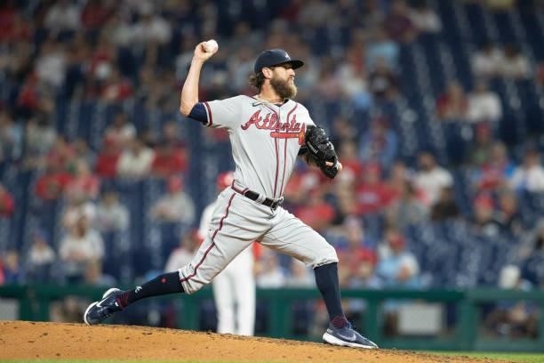 Shane Greene of the Atlanta Braves throws a pitch against the Philadelphia Phillies at Citizens Bank Park on June 8, 2021 in Philadelphia,...