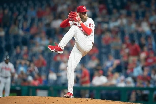 Archie Bradley of the Philadelphia Phillies throws a pitch against the Atlanta Braves at Citizens Bank Park on June 8, 2021 in Philadelphia,...
