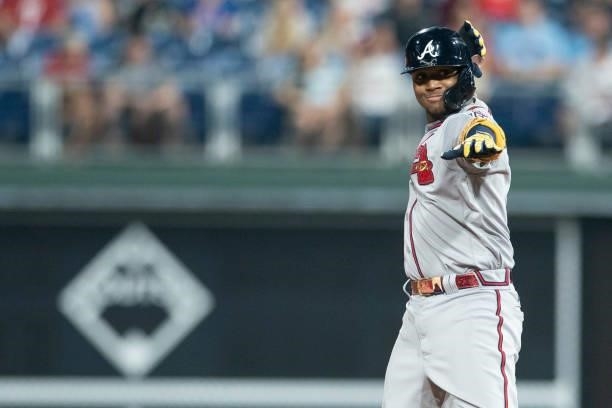 Ronald Acuna Jr. #13 of the Atlanta Braves reacts against the Philadelphia Phillies at Citizens Bank Park on June 8, 2021 in Philadelphia,...