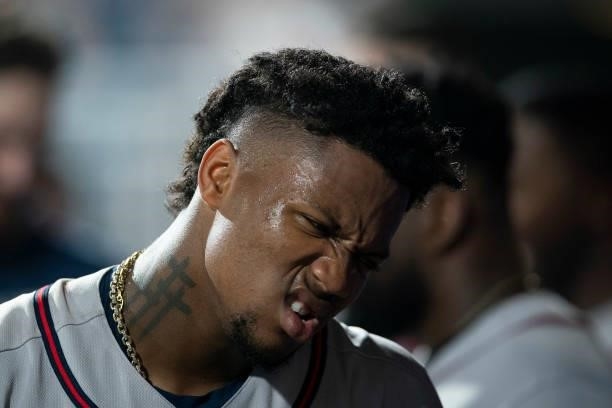 Ronald Acuna Jr. #13 of the Atlanta Braves reacts against the Philadelphia Phillies at Citizens Bank Park on June 8, 2021 in Philadelphia,...