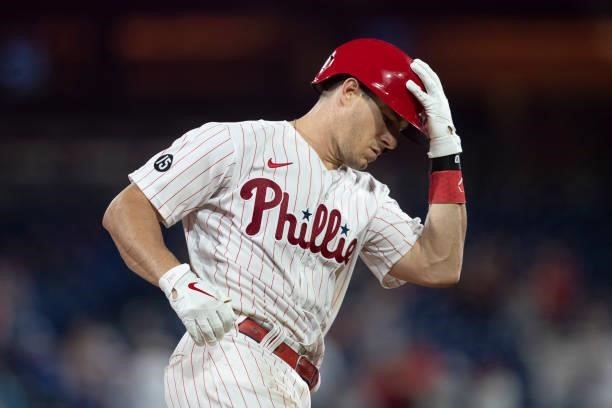 Realmuto of the Philadelphia Phillies rounds the bases after hitting a solo home run in the bottom of the sixth inning against the Atlanta Braves at...