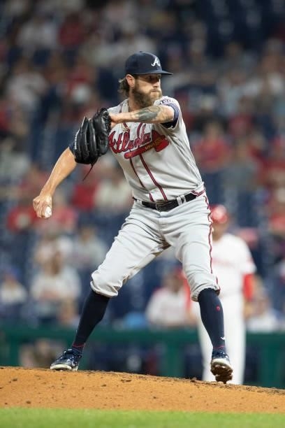 Shane Greene of the Atlanta Braves throws a pitch against the Philadelphia Phillies at Citizens Bank Park on June 8, 2021 in Philadelphia,...