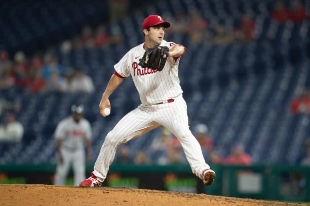 David Hale of the Philadelphia Phillies throws a pitch against the Atlanta Braves at Citizens Bank Park on June 8, 2021 in Philadelphia,...