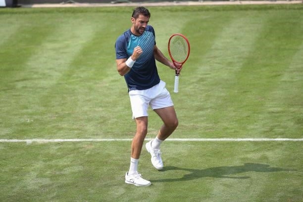Marin Cilic of Croatia reacts in his match against Rudolf Molleker of Germany during day 2 of the MercedesCup at Tennisclub Weissenhof on June 08,...