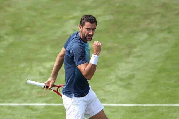 Marin Cilic celebrates in his match against Rudolf Molleker of Germany during day 2 of the MercedesCup at Tennisclub Weissenhof on June 08, 2021 in...