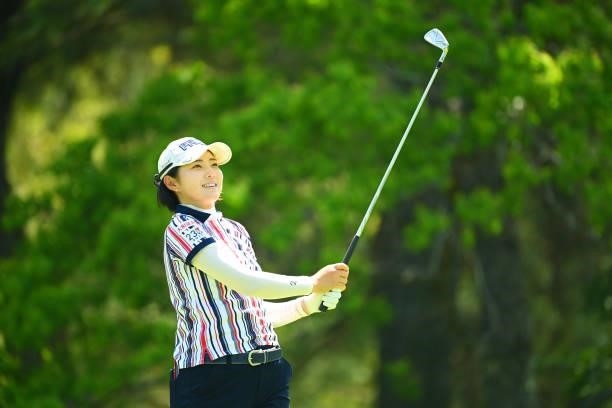 Rie Tsuji of Japan hits her tee shot on the 11th hole during the practice round of the Ai Miyazato Suntory Ladies Open at Rokko Kokusai Golf Club on...