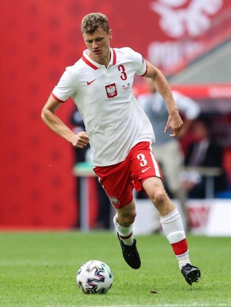 Pawel Dawidowicz of Poland runs with the ball during the international friendly match between Poland and Iceland at Stadion Poznan on June 08, 2021...