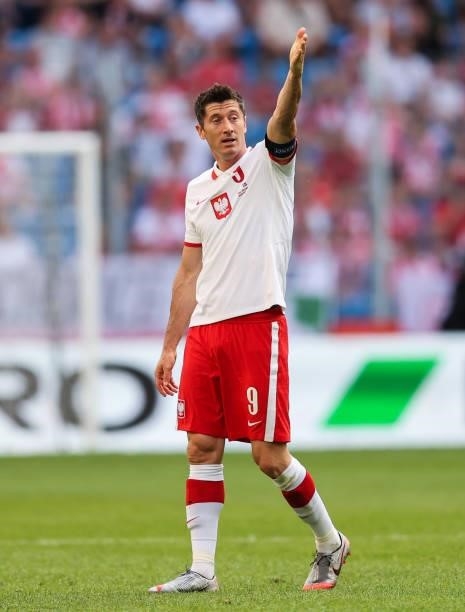 Robert Lewandowski of Poland gestures during the international friendly match between Poland and Iceland at Stadion Poznan on June 08, 2021 in...