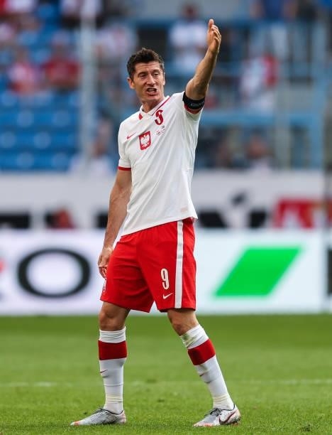 Robert Lewandowski of Poland gestures during the international friendly match between Poland and Iceland at Stadion Poznan on June 08, 2021 in...