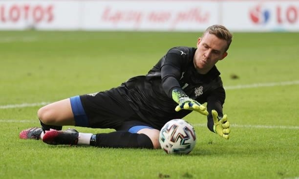 Goalkeeper Runar Alex Runarsson of Iceland saves a ball during the international friendly match between Poland and Iceland at Stadion Poznan on June...