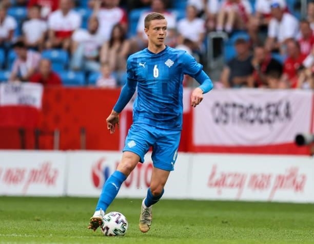 Brynjar Ingi Bjarnason of Iceland runs with the ball during the international friendly match between Poland and Iceland at Stadion Poznan on June 08,...