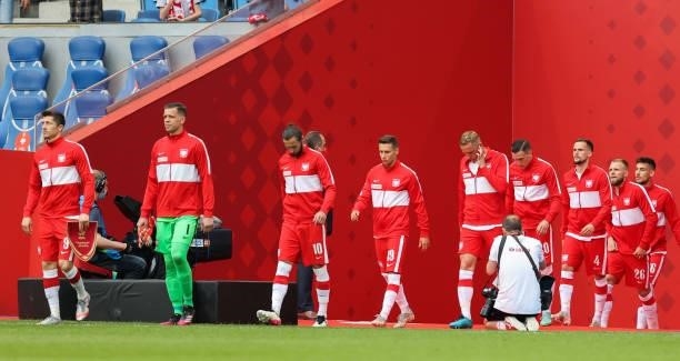 Players of Poland enter the pitch during the international friendly match between Poland and Iceland at Stadion Poznan on June 08, 2021 in Poznan,...