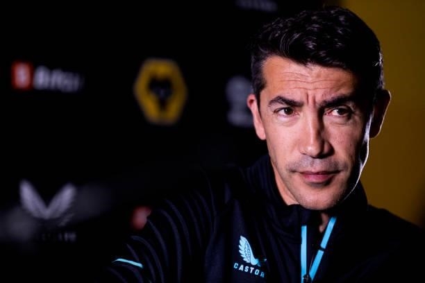 Bruno Lage is interviewed for the first time as the new manager of Wolverhampton Wanderers at Sir Jack Hayward Training Ground on June 09, 2021 in...