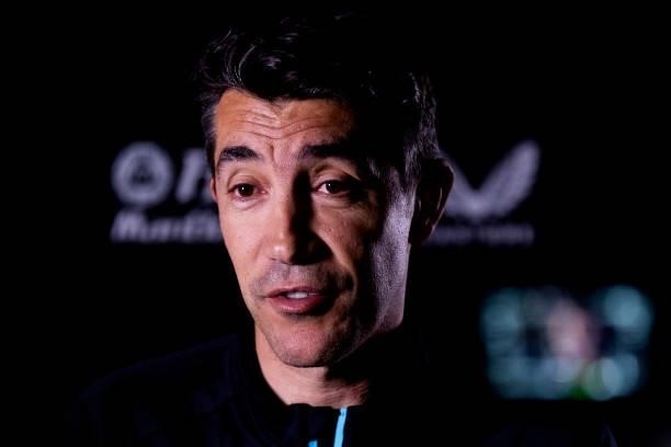 Bruno Lage is interviewed for the first time as the new manager of Wolverhampton Wanderers at Sir Jack Hayward Training Ground on June 09, 2021 in...