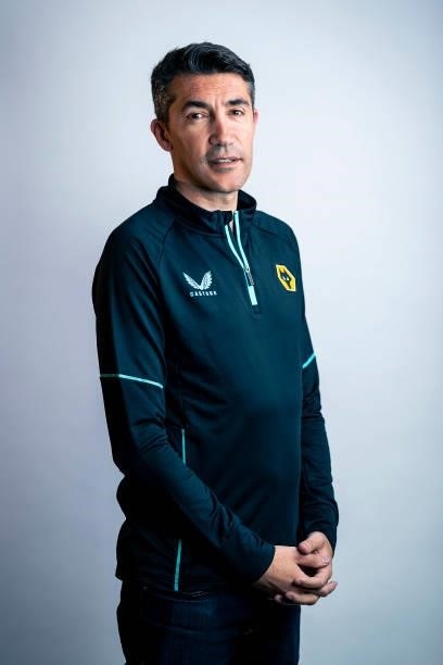 Bruno Lage poses for his first portraits as the new manager of Wolverhampton Wanderers at Sir Jack Hayward Training Ground on June 09, 2021 in...