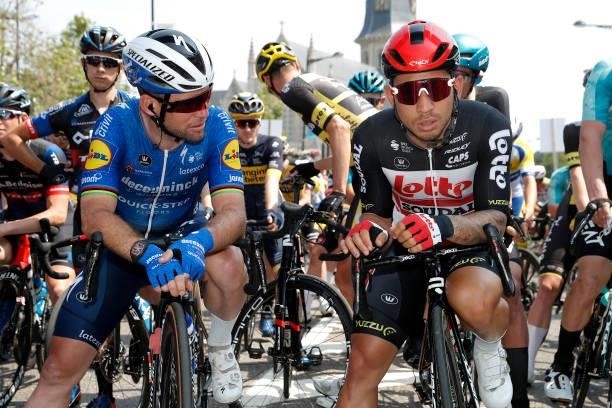 Mark Cavendish of The United Kingdom and Team Deceuninck - Quick-Step & Caleb Ewan of Australia and Team Lotto Soudal at start during the 90th...
