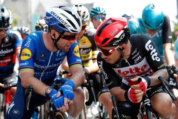 Mark Cavendish of The United Kingdom and Team Deceuninck - Quick-Step & Caleb Ewan of Australia and Team Lotto Soudal at start during the 90th...