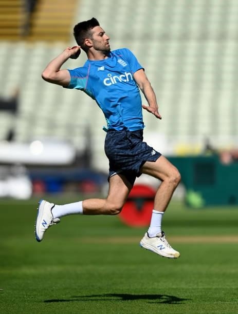 Mark Wood of England bowls during a nets session at Edgbaston on June 09, 2021 in Birmingham, England.