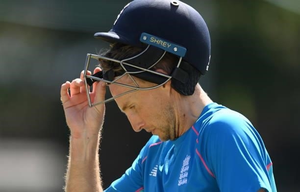Joe Root of England takes off his helmet during a training session before the second LV= Test between England and New Zealand at Edgbaston on June...