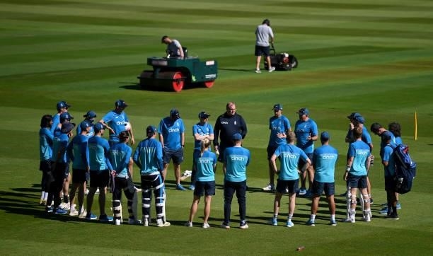 England huddle ahead of a nets session at Edgbaston on June 09, 2021 in Birmingham, England.
