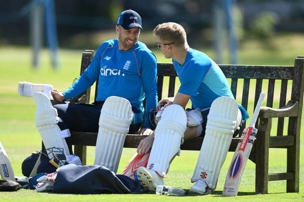Jack Leach and Sam Billings of England during a nets session at Edgbaston on June 09, 2021 in Birmingham, England.