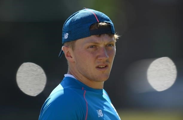 Dom Bess of England looks on during a training session before the second LV= Test between England and New Zealand at Edgbaston on June 09, 2021 in...