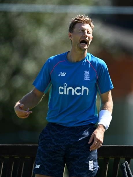 England captain Joe Root pulls a funny face during a nets session at Edgbaston on June 09, 2021 in Birmingham, England.