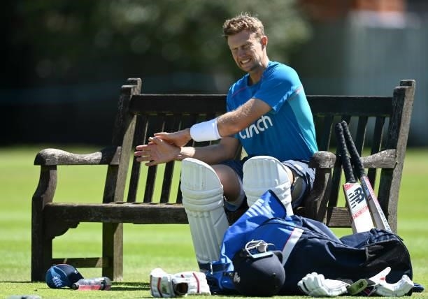 England captain Joe Root pulls a funny face during a nets session at Edgbaston on June 09, 2021 in Birmingham, England.