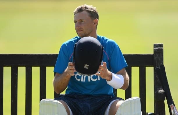 Joe Root of England looks on during a training session before the second LV= Test between England and New Zealand at Edgbaston on June 09, 2021 in...