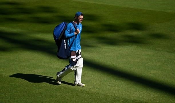 Dan Lawrence of England walks to nets during a nets session at Edgbaston on June 09, 2021 in Birmingham, England.