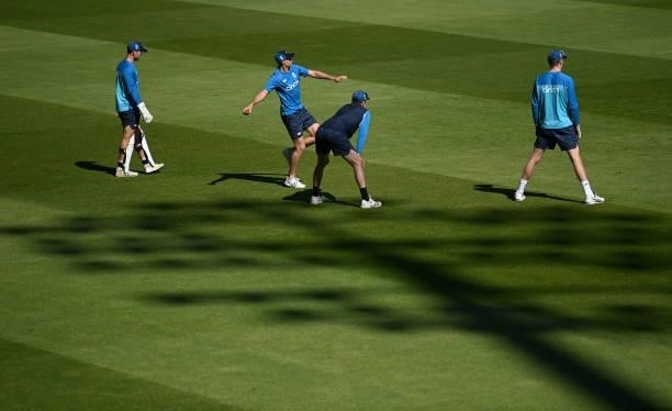 England captain Joe Root fields in the slips during a nets session at Edgbaston on June 09, 2021 in Birmingham, England.
