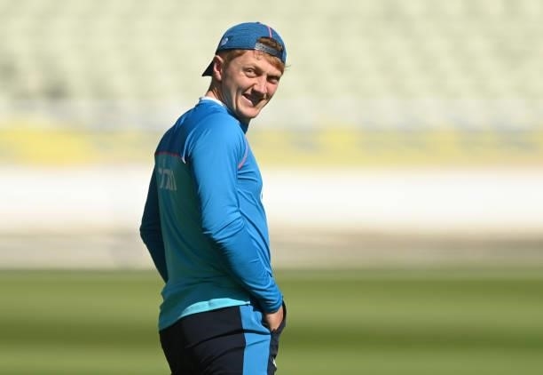 Dom Bess of England looks on during a training session before the second LV= Test between England and New Zealand at Edgbaston on June 09, 2021 in...