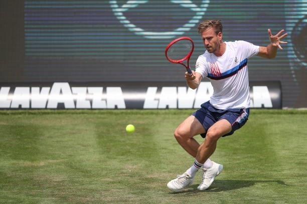Peter Gojowczyk of Germany plays a forehand during his match against Ilga Ivashka of Belarus during day 3 of the MercedesCup at Tennisclub Weissenhof...