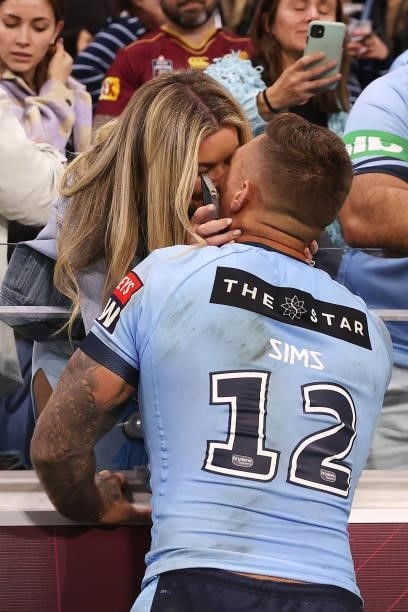 Tariq Sims of the Blues celebrates after winning during game one of the 2021 State of Origin series between the New South Wales Blues and the...