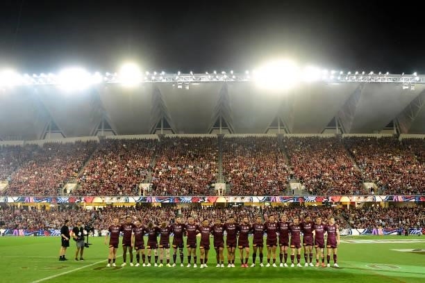 The Maroons sing the national anthem before game one of the 2021 State of Origin series between the New South Wales Blues and the Queensland Maroons...