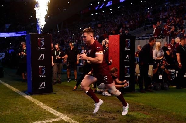 Alexander Brimson of the Maroons runs onto the field before game one of the 2021 State of Origin series between the New South Wales Blues and the...