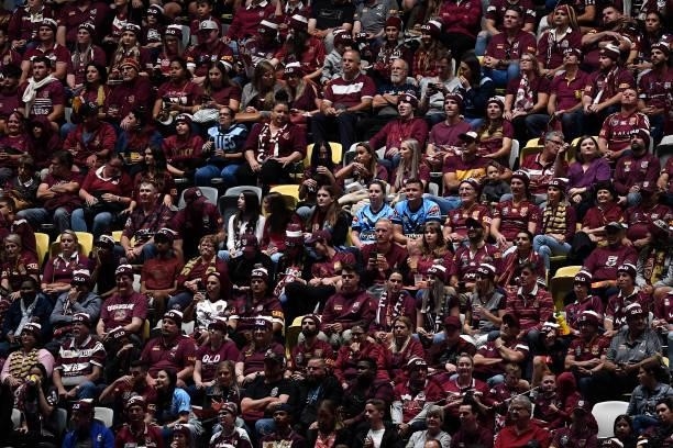 Spectators are seen before game one of the 2021 State of Origin series between the New South Wales Blues and the Queensland Maroons at Queensland...