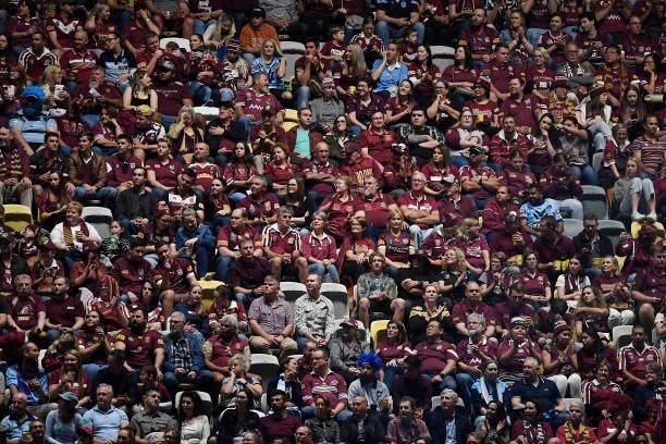 Spectators are seen before game one of the 2021 State of Origin series between the New South Wales Blues and the Queensland Maroons at Queensland...