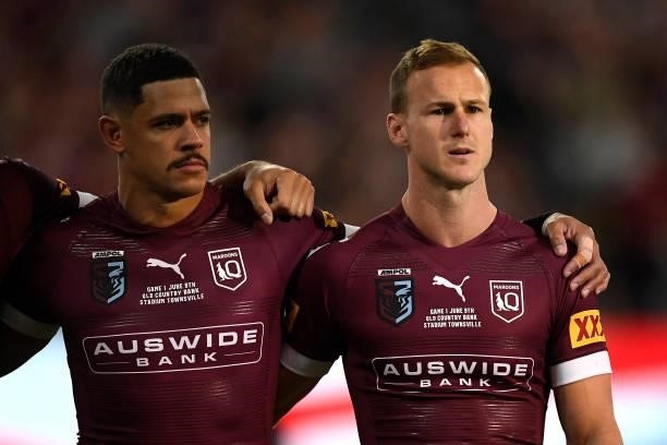 Dane Gagai of the Maroons and Daly Cherry-Evans of the Maroons sing the national anthem before game one of the 2021 State of Origin series between...