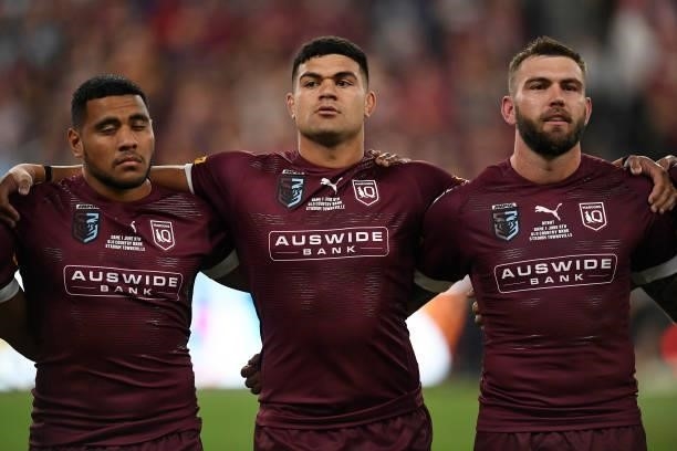 David Fifita of the Maroons sing the national anthem before game one of the 2021 State of Origin series between the New South Wales Blues and the...
