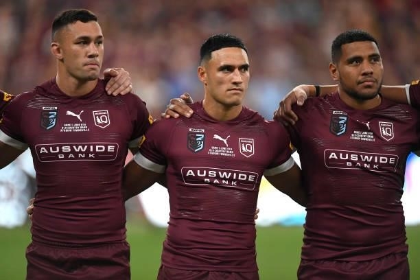 Valentine Holmes of the Maroons sing the national anthem before game one of the 2021 State of Origin series between the New South Wales Blues and the...