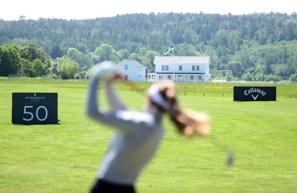 Competitor practices on the range ahead of the Scandinavian Mixed Hosted by Henrik and Annika at Vallda Golf & Country Club on June 09, 2021 in...